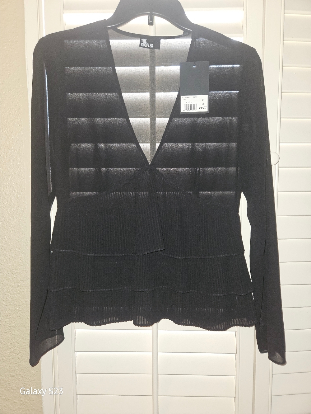 The Kooples Black Sheer V-Neck Tiered Ribbed Top